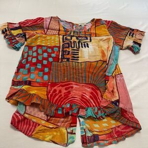 Orientique Naturally Australian Art To Wear Lagenlook Ruffle Top Size Medium